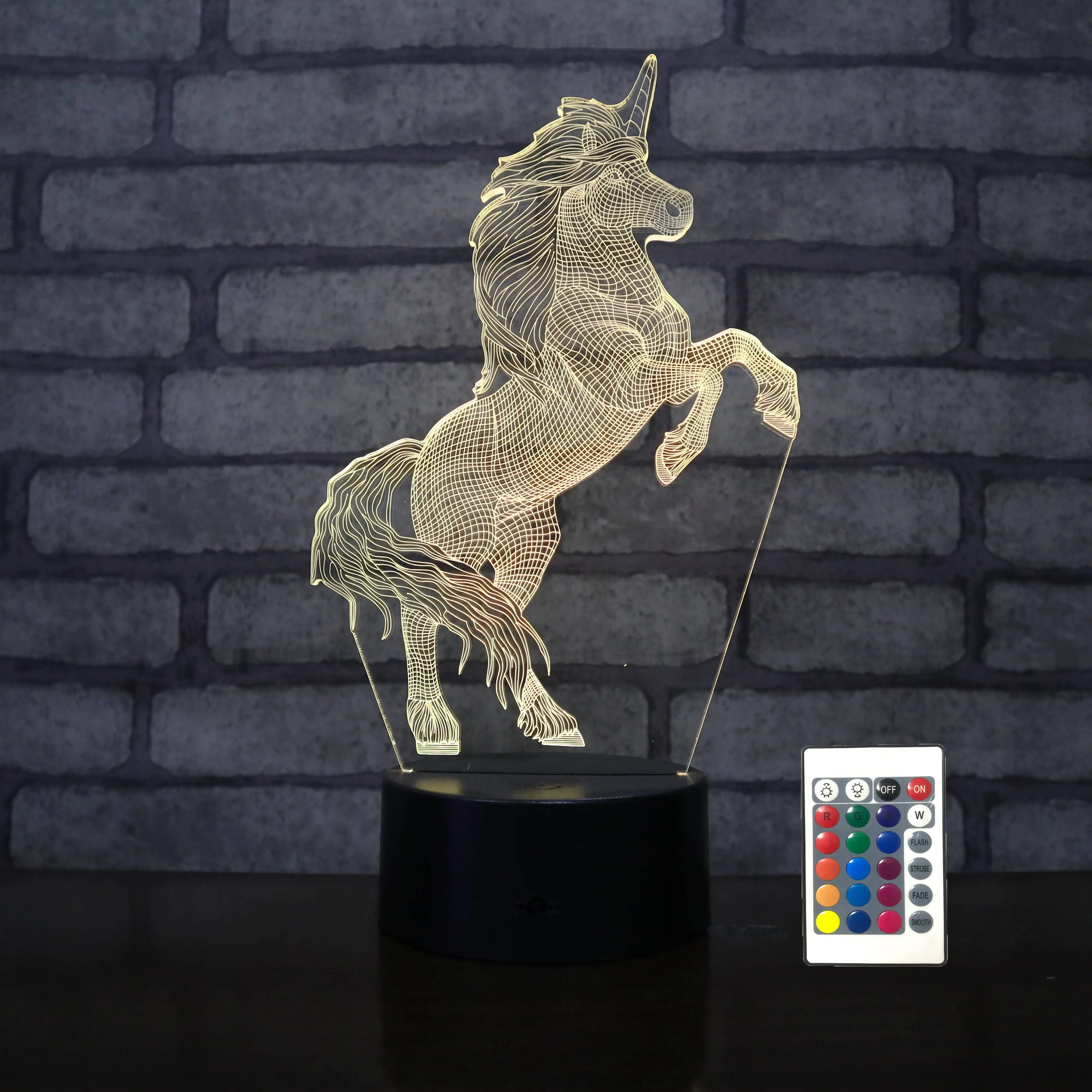 Spray running unicorn modle plexiglass led 3d lamp shadow hologram RGB 16colors night light with battery case and remote