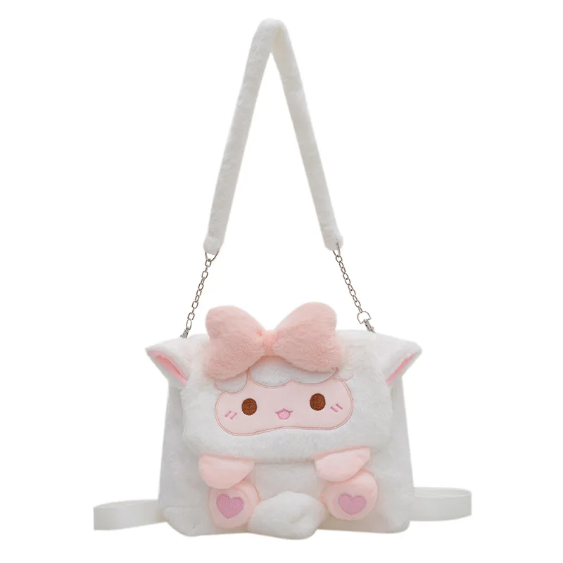 Cutebows Unisex Cotton Lambwool Doll Crossbody Bag Soft Heart-Shape Cartoon Student Shoulder Cosmetics Plush Backpacks