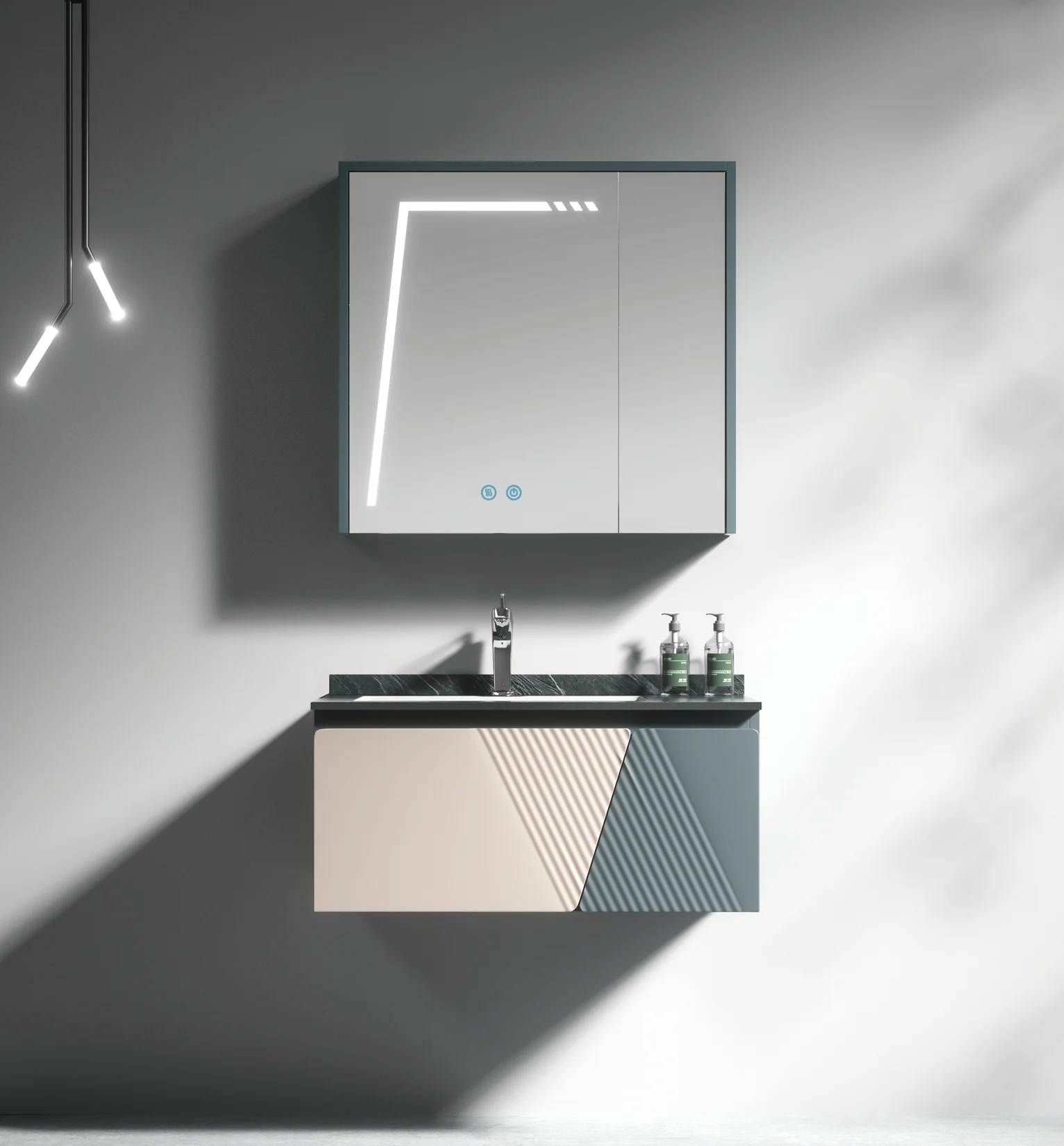 Smart LED Mirror Fog Removal Function Wooden Bathroom Cabinet Mixed Colors for Villas Hotels Vanity with Marble Countertop