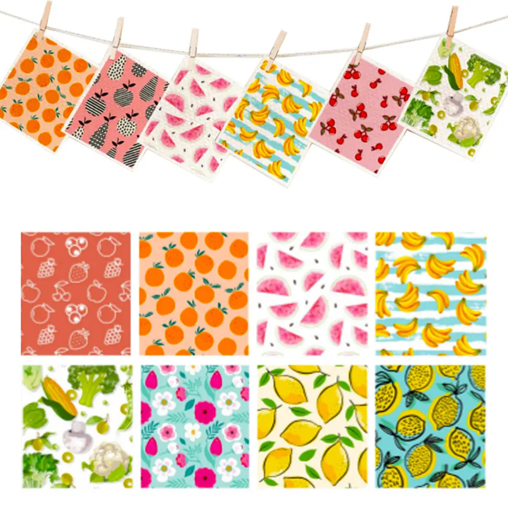 Hot Selling Custom Design Eco-Friendly Lemon Reusable Cellulose Cotton Cleaning Cloth Swedish Dishcloth For Kitchen