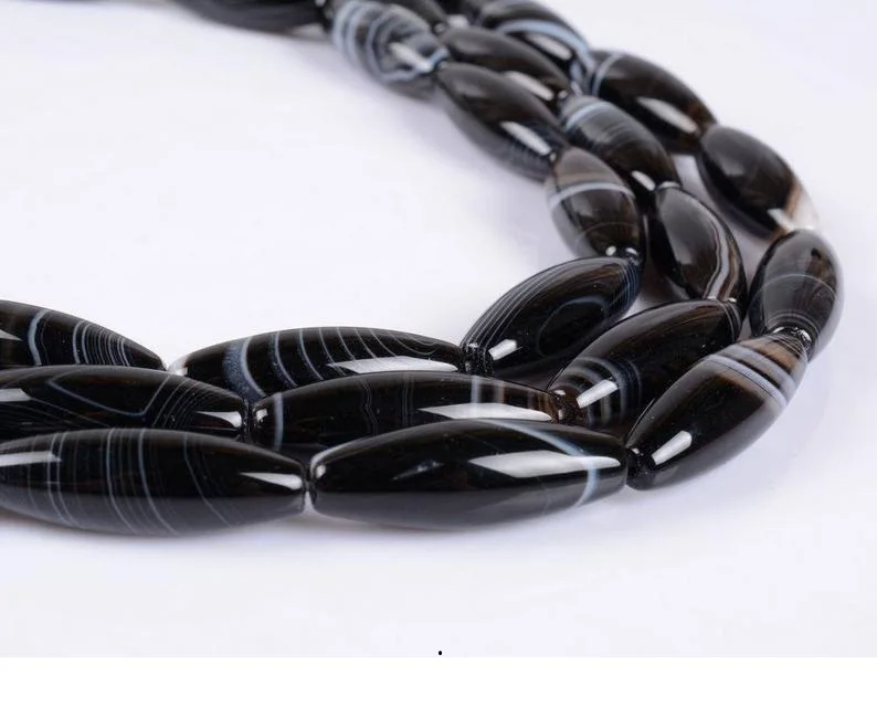 
30mm Black banded agate oval tube cylinder loose gemstone beads 