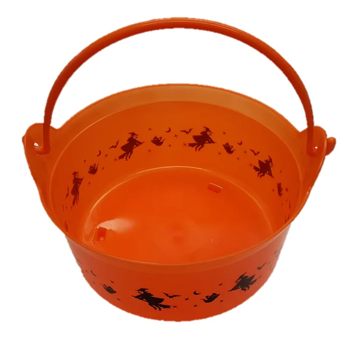 2024 Hot Sale Halloween Plastic Black and Orange Halloween Candy Bucket Print With Witch for Kids Halloween Bucket