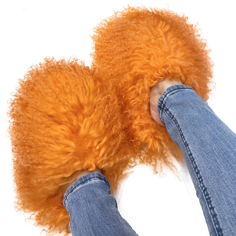 Fashion pantuflas de peluches Slip on zapatillas fluffy plush Fuzzy Real mongolian Goat Hair fur slides slippers for women