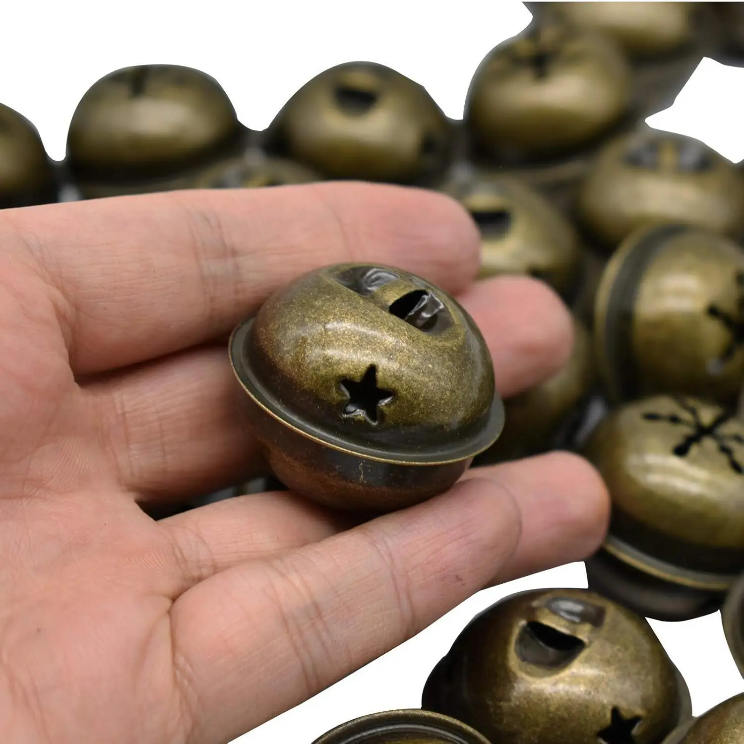 Bronze Jingle Bells 1.34 Inches Star with Snowflakes Design Small Elliptical Antique Brass Bell for Crafts Christmas