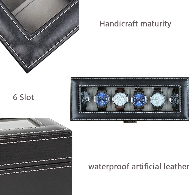 
Hot sale Fashion 6 Slot Soft Pillows watch jewelry box Storage Lockable Leather Glass Lid Watch Box Organizer 