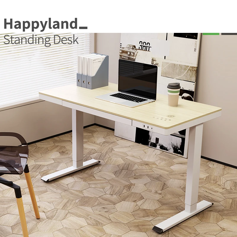 Wooden Top Modern Home Office Computer Table with Storage Drawer Electric Height Adjustable Standing Desk with Wireless Charger