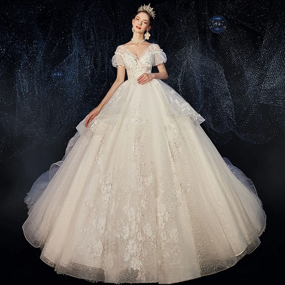 Pearls Sequins Lace Appliques Flowers Luxury Ball Gown Wedding Dress Vestido De Boda V-neck Short Sleeve Shiny Bridal