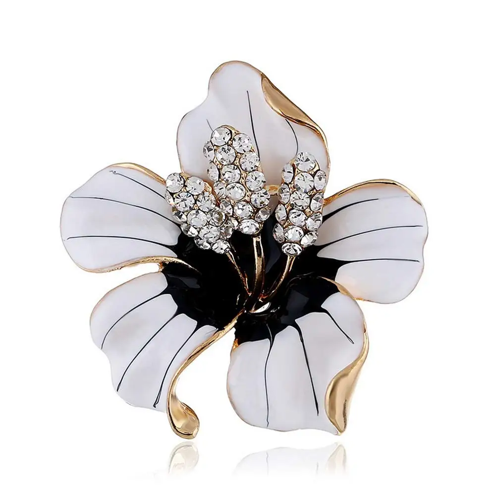 Fashion Enamel Lapel Pin Lily Flower Brooch Pins,Broaches and Pins for Women Crystal Diamond Alloy Plating White