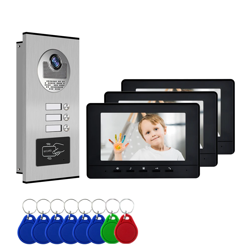 
Wired Network Cable 7' Video Intercom System doorbell Camera with Color Video Door Phone 3 Monitors for Multi- Apartments/ home 