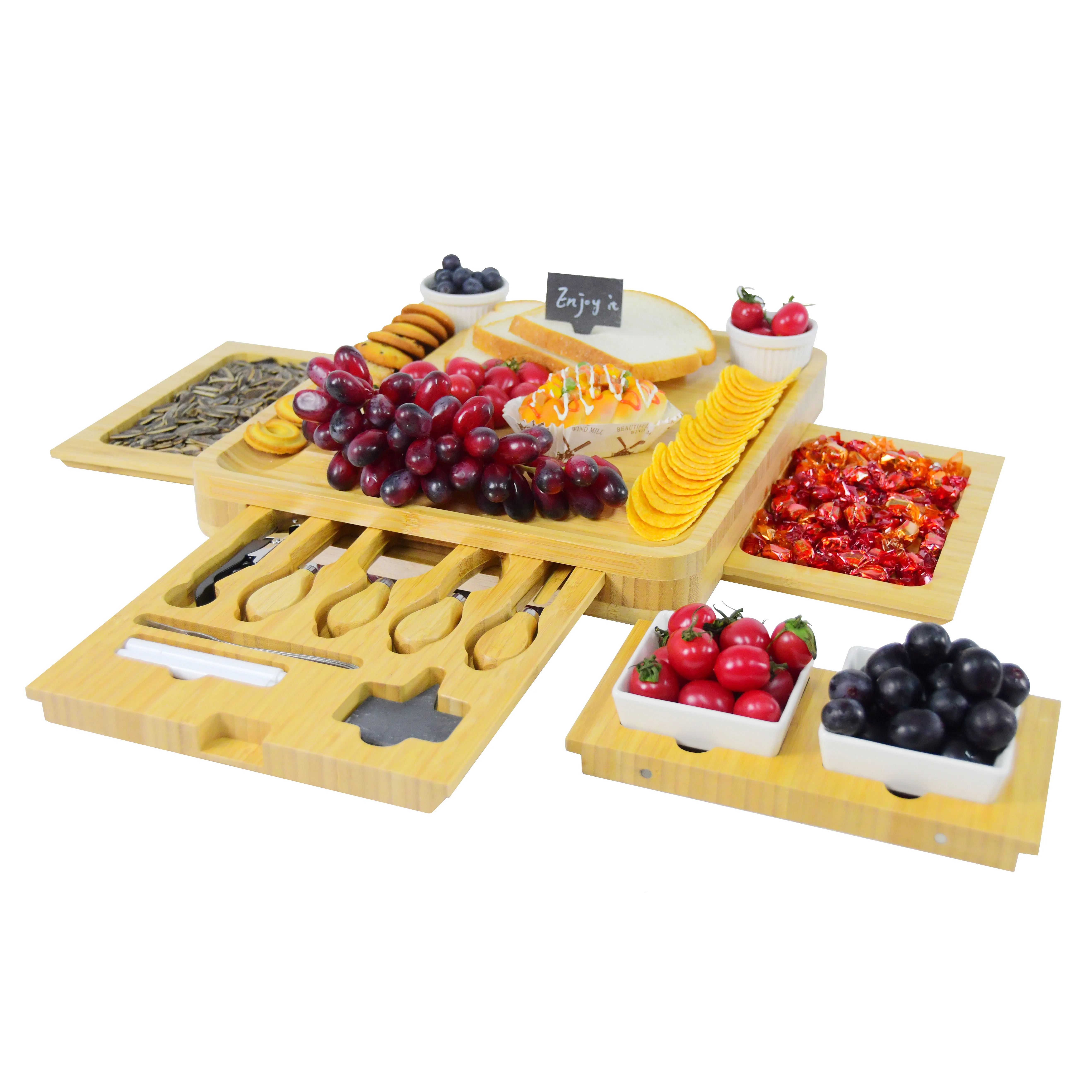 Bamboo Charcuterie Cheese Board With 4 Accessories Drawers And 4 Ceramic Bowls