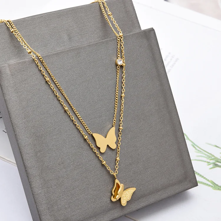 Gold Plated Stainless Steel 2 Layers Butterfly Necklace Link Chain Short Necklaces Women Party Jewelry Christmas Gift for Her