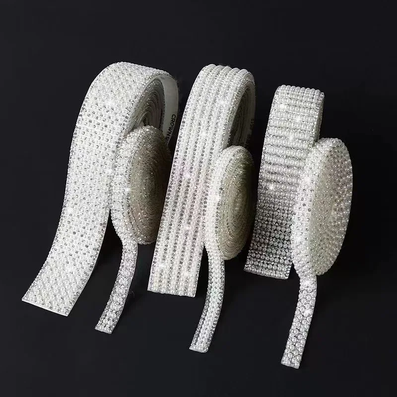 Wholesale 30mm 10mm wide crystal inlaid ribbon sticker banding trim self adhesive rhinestone and pearl strips for crafts