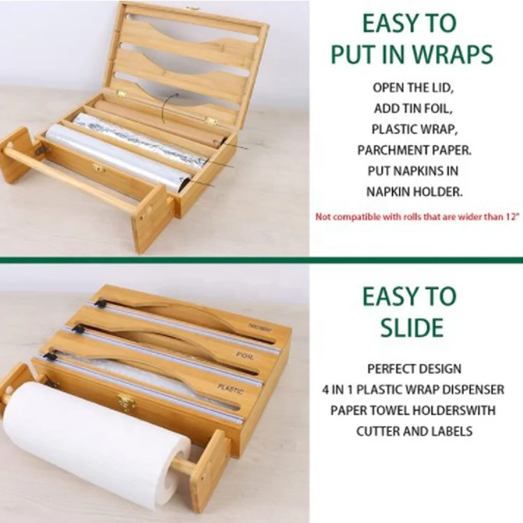 4 in 1 Wrap Dispenser with Cutter and Labels Wall-Mount Bamboo Roll Organizer Holder for Kitchen Drawer