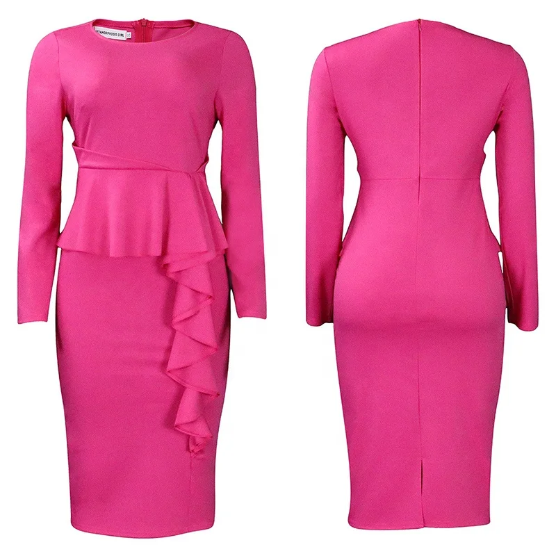 Womens Peplum Career Dresses Slim Ruffle Official Church Outfits Pleated Formal Gown Business Party Wear Sheath Dress