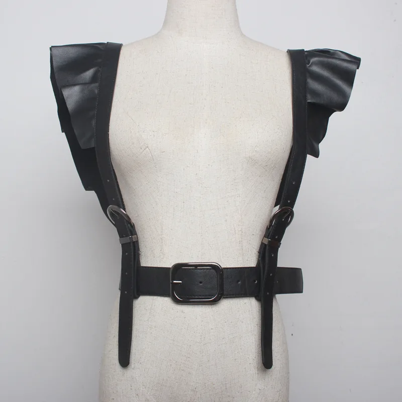 Hong Kong Style Black Lotus Leaf Lace PU Leather Double Shoulder Wide Party Suspenders Belts Female and Male