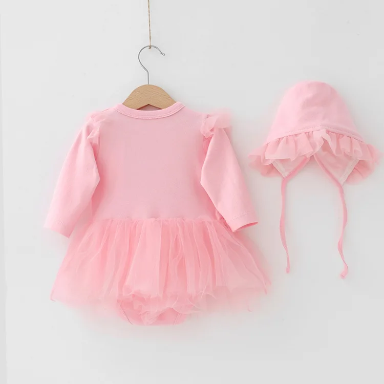 Newborn Baby Girl Romper with Tulle for Autumn Fashion Pink White I love MAMA I Love PAPA Cotton Bodysuit+ Hat Baptism Outfit