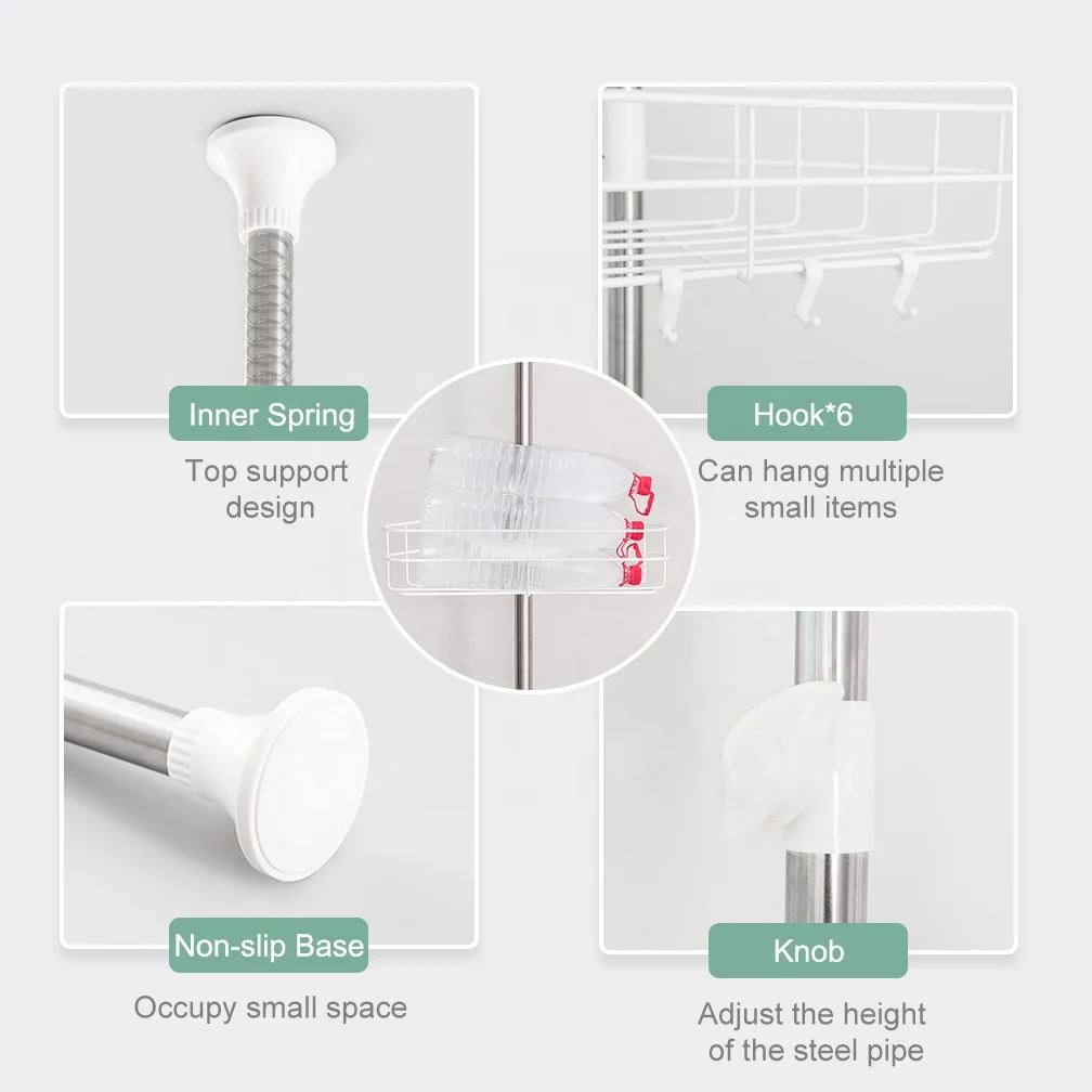 cheap price movable standing type  height Adjustable bathroom Storage Shelf  3 Tier Single Pole Telescopic Organizer Rack