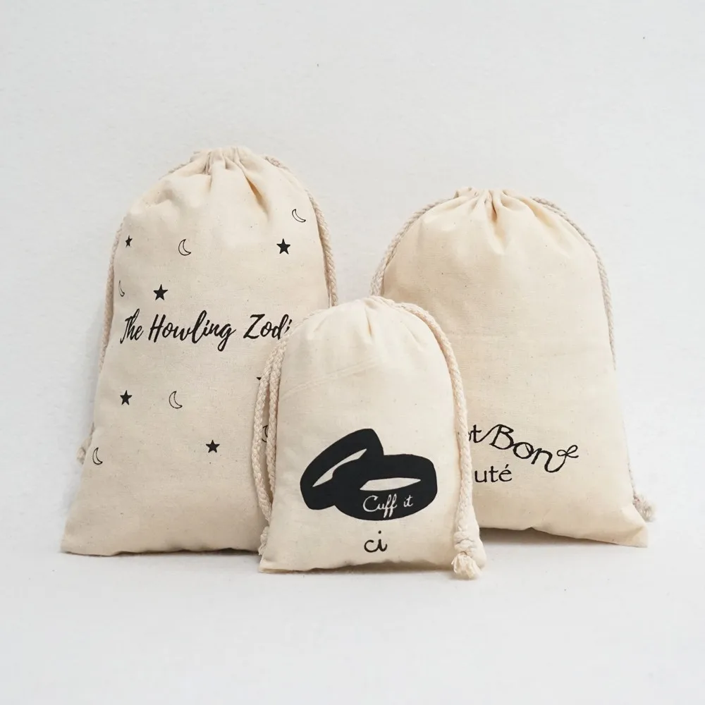 
Recyclable Calico cotton drawstring gift pouch with custom logo/design, small natural color tote bag with strings jewelry bag 