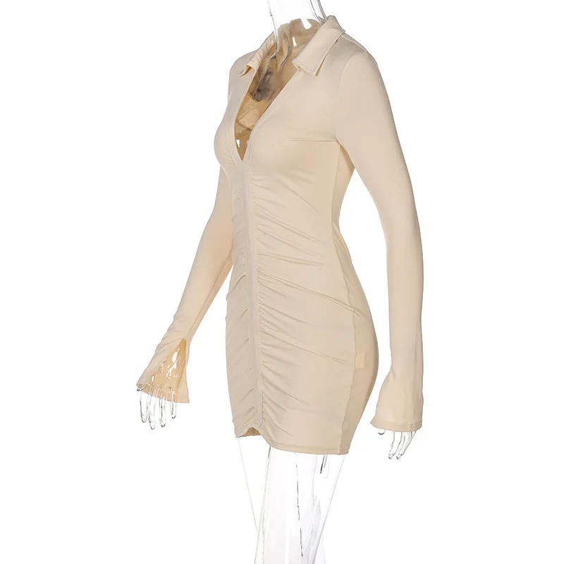 2022 Deep V Neck Bodycon Long Sleeve Turn Down Neck Solid Skinny Mini Dress Sexy Streetwear Fashion Clothes
