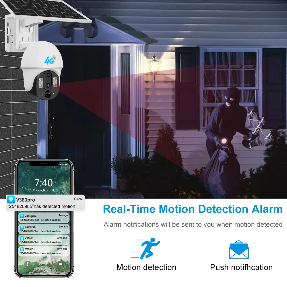 V380 Dual Lens 10x Zoom PTZ Outdoor Solar Powered Security Battery Camera 4G SIM card Solar Camera