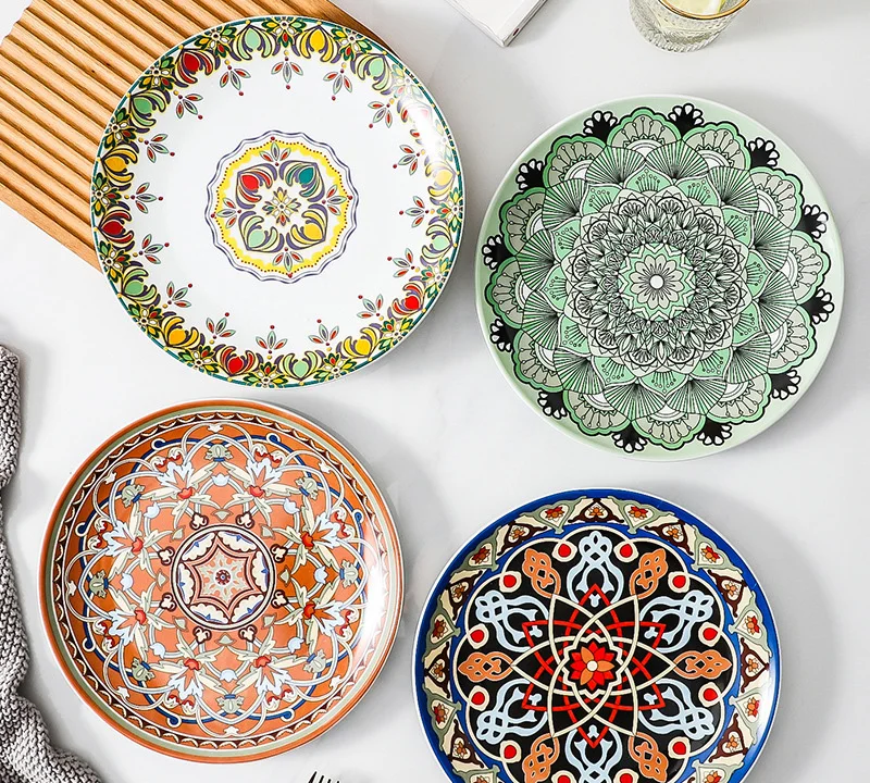 8Inches Bohemian art style new ceramic plate home creative European flower pattern western food plate for home