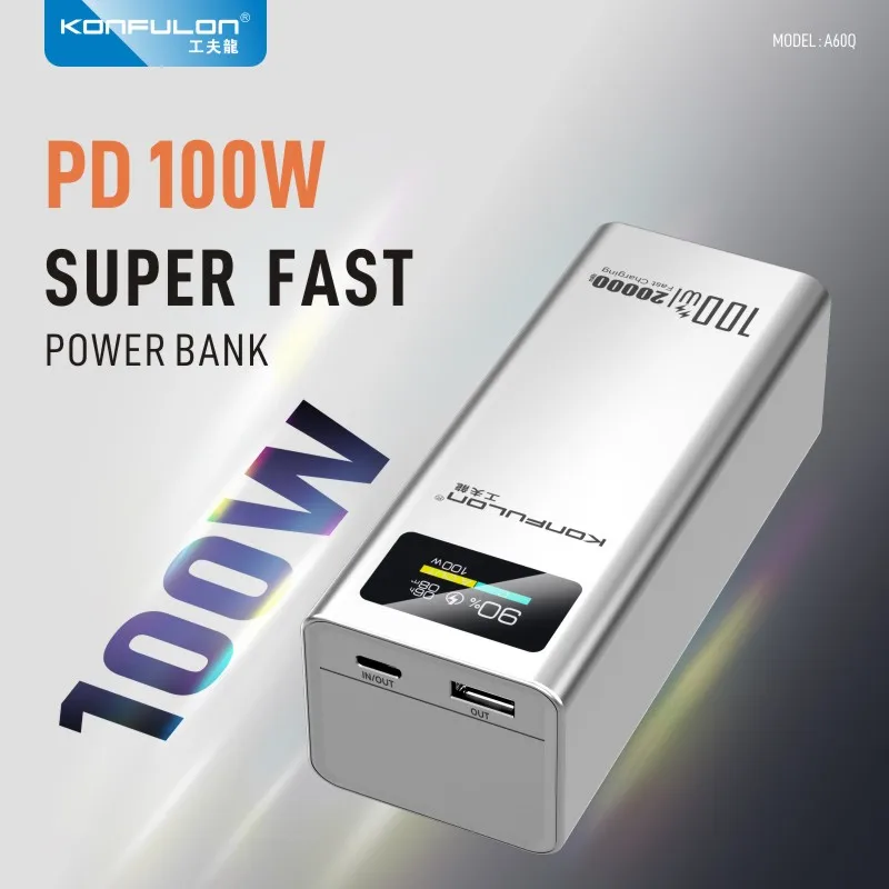 Konfulon Super Fast Charge 20000mAh 100W Laptop Power Bank Led Display PD Quick Charge Power Station 100W 20000mAh For Computers