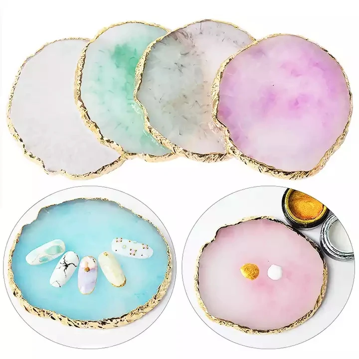 White Rose Quartz Agate Coaster Crystal Stone Geode Agate Slice Coaster with Gold Trim