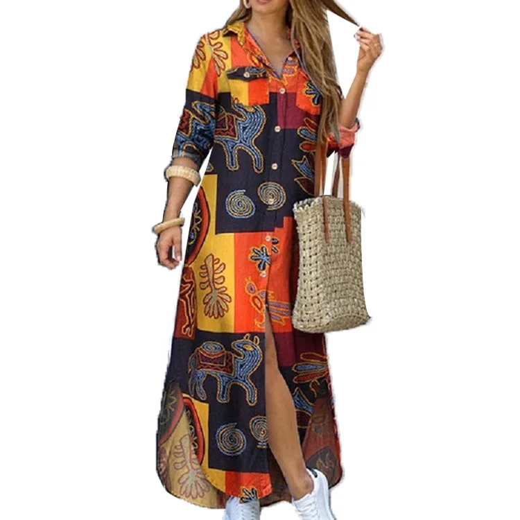 Casual Button-front  V Neck Print Single-breasted Printed Split Long Sleeve Loose Shirt Women Maxi Dress Dresses