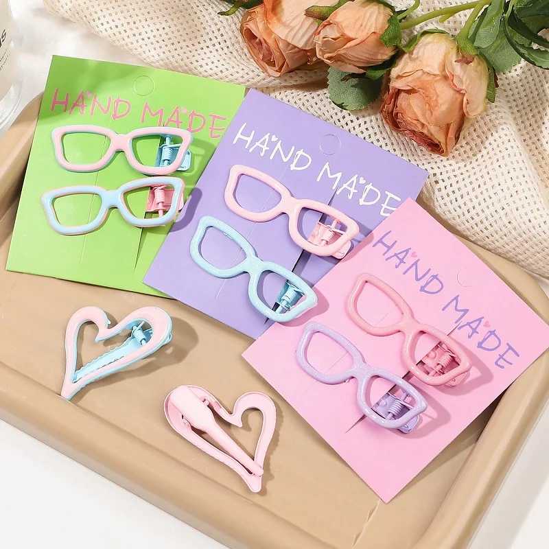 MIO Korean 5/6cm Pink Blue Purple Glasses Shape Hair Clips Cute Heart Metal Duckbill Clips Small Hairpins For Girls