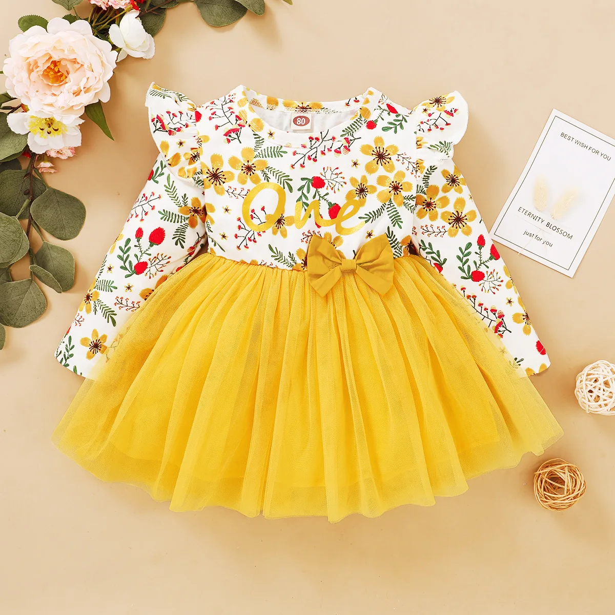 Kids Dress Toddler Girl Long Sleeve Sunflower Print Mesh Dress Baby Flying Sleeve Dress
