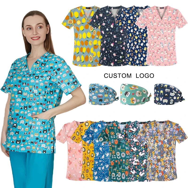 Medical print flower cartoon Nurse cotton cat dog pet lion rabbit horse doctor Hospital clinic dentist scrub tops t shirt