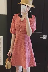 Cotton Linen Plaid Summer Dress Korean design Chic Women Casual Midi Dress