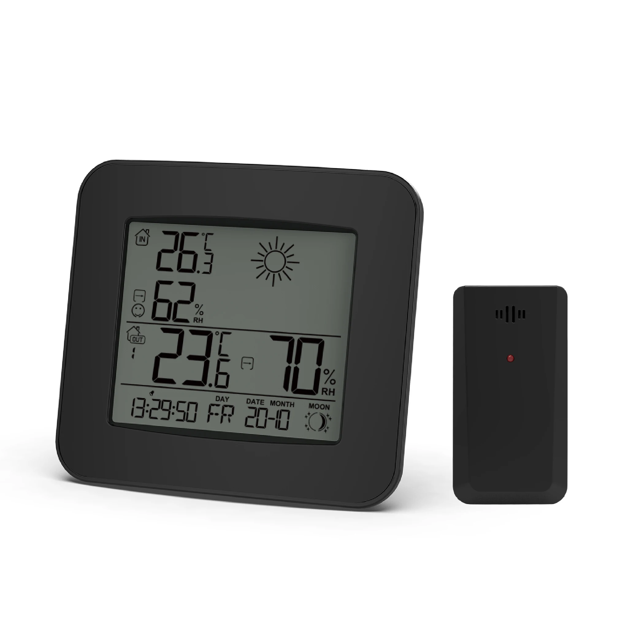 Wireless weather station alarm clock with indoor outdoor temperature  humidity 3 channels for RF Radio controlled clock with DCF