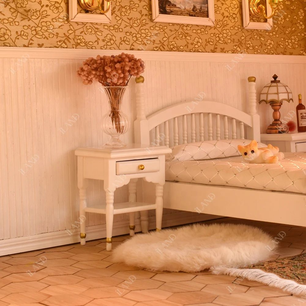 iLAND Vintage Dollhouse Furniture 1/12 scale, Brewster White Dollhouse Bedroom Furniture incl Dollhouse Bed & Mirror Full Length