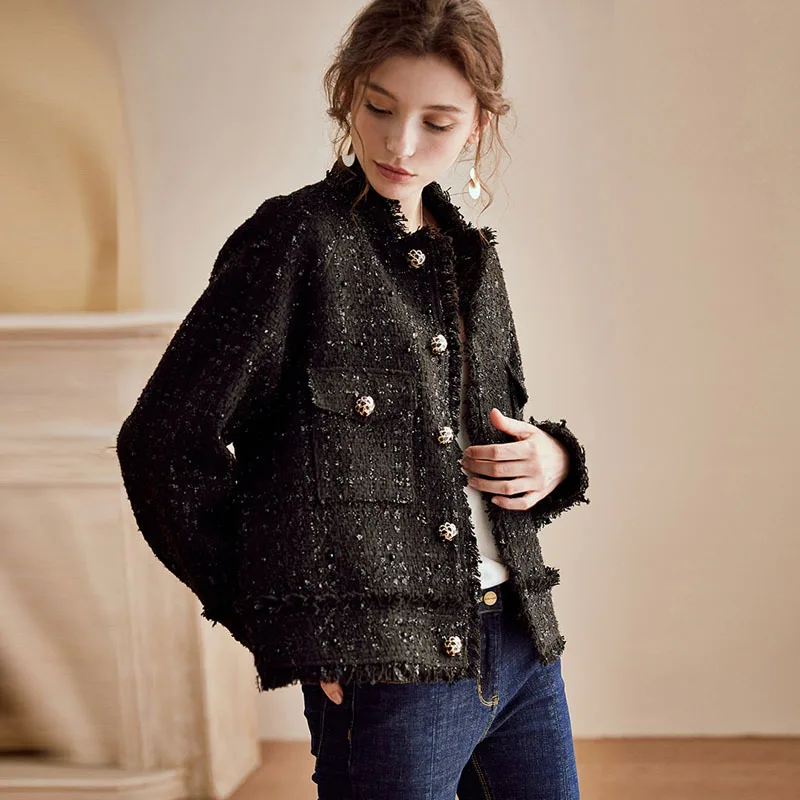
Autumn and winter Tweed small fragrance black short loose long sleeve black blazer 