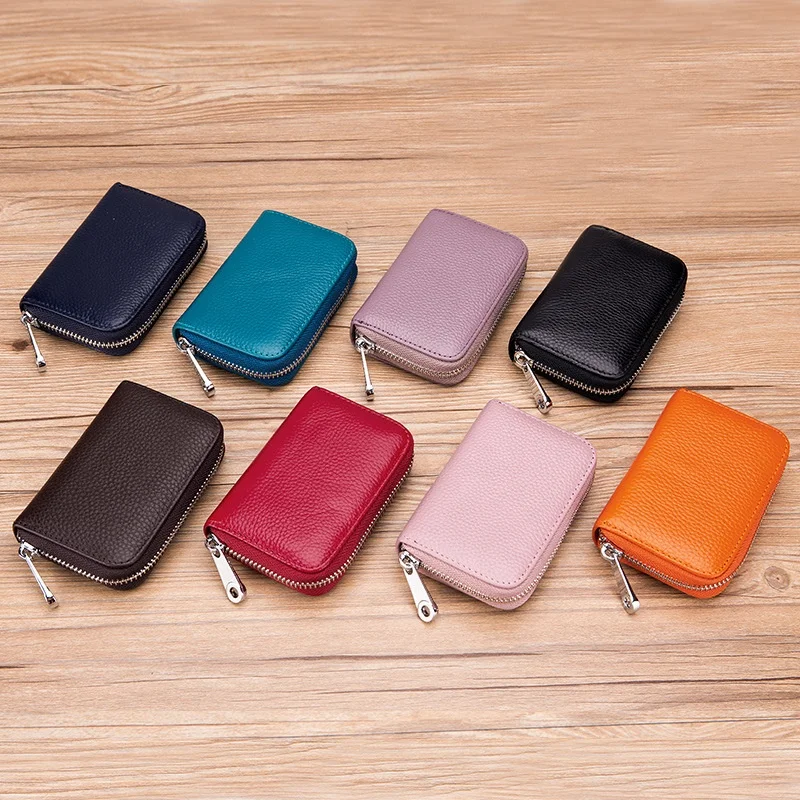 Compact Size Genuine leather KeyChain Credit Card Wallet Zipper Card Cases Holder for Men Women with RFID Blocking 12/24 Slots