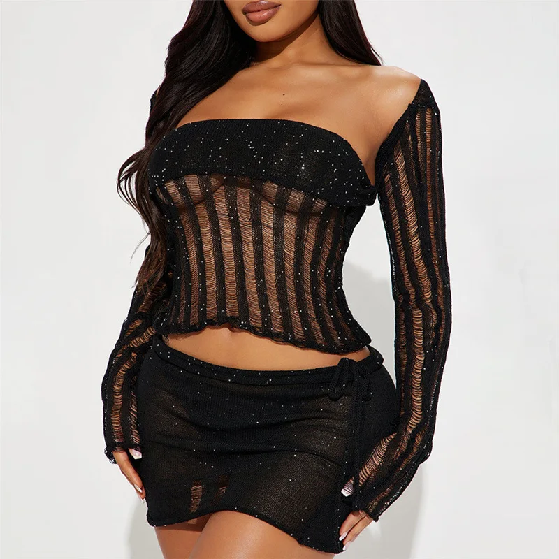 X16122C трикотажные комплекты из 3 предметов, женский сексуальный укороченный топ с длинными рукавами + топы-трубки + мини-юбка на бедрах, подходящие к полуночному вечеру, Клубные наряды