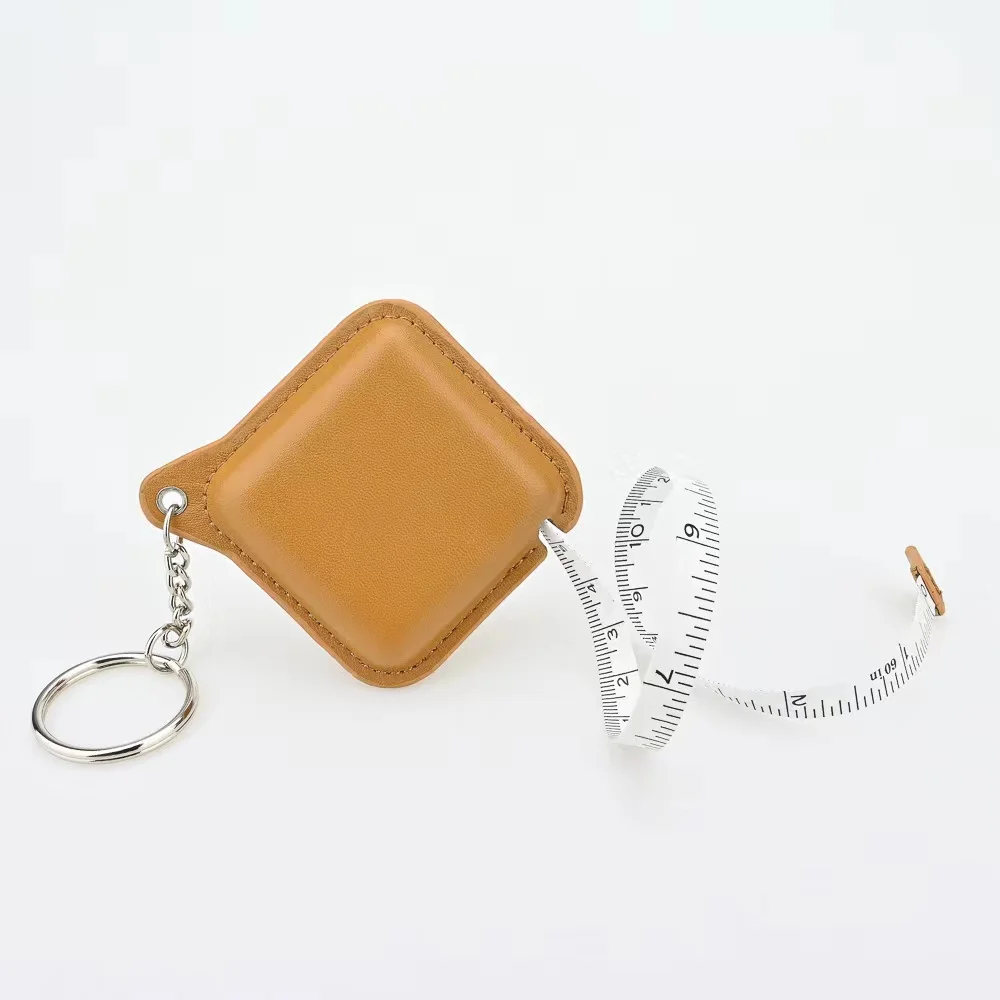 Custom logo debossed square shape yellow leather cover mini tape measure keychain