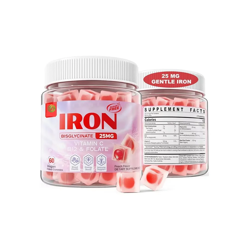 Vegan Iron Gummies Supplement for Women Vitamin C , Beet Root, Vitamin B12, Folate for Iron Deficiency, Anemia, Energy Boost