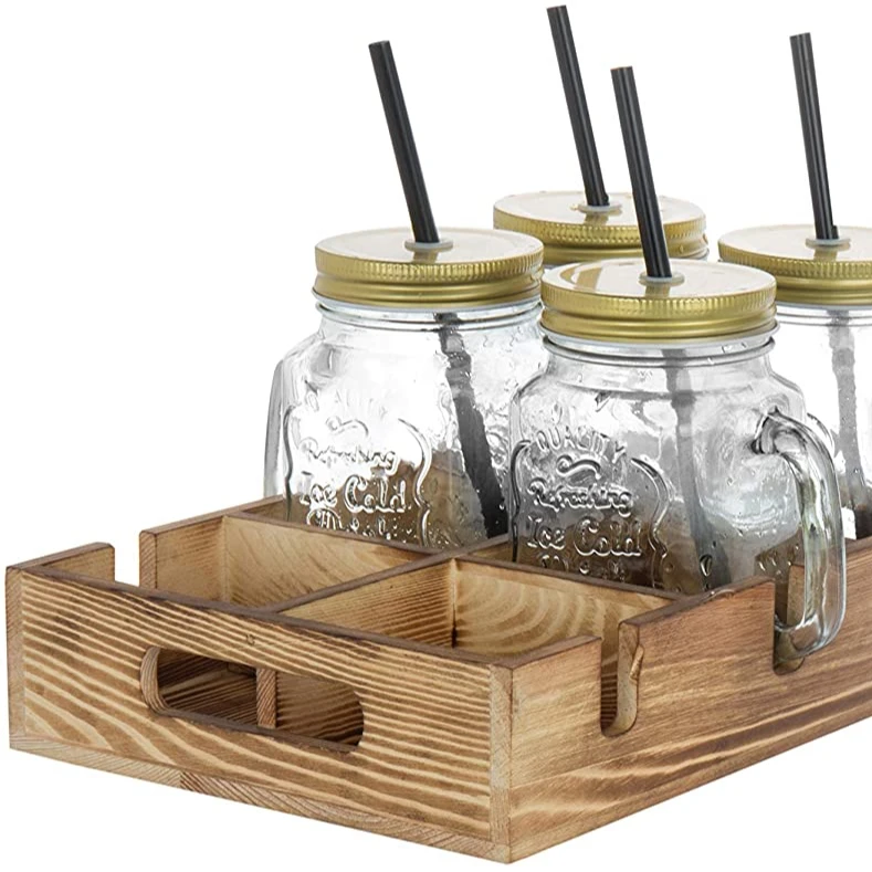 Mason Jar Mug Glasses  Lids wood box with handle