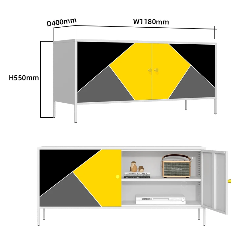Steel TV Stand Living Room TV Cabinet Printed Metal Cupboard Sideboard Cabinet with Adjustable Shelf and 4 Door