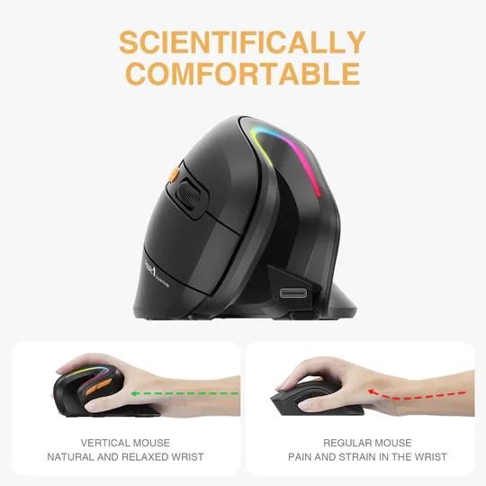 ProtoArc Rechargeable Vertical Mouse 1000 1600 2400 DPI Mice for Computer Laptop PC RGB Ergonomic BT Wireless Mouse