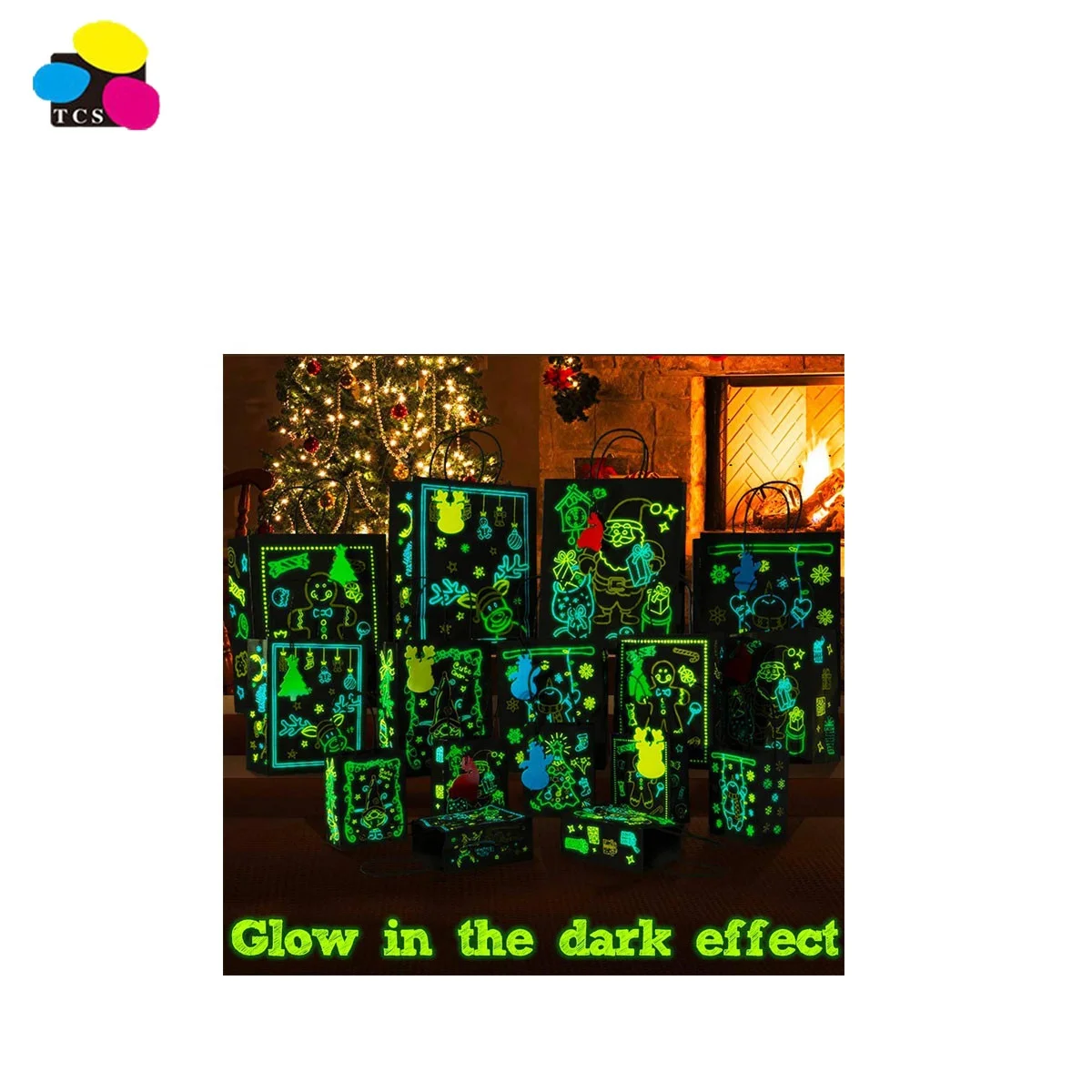 Made in China Glow in The Dark 4 Large/5 Medium/7 Small Christmas Paper Bags With Tags