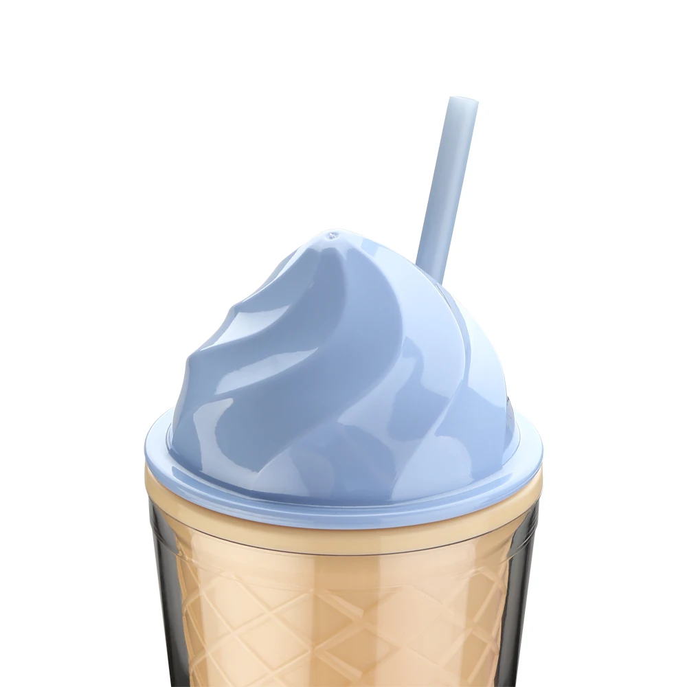 Promotional BPA free16oz Plastic Travel Mug Double Wall Plastic Tumbler Ice Cream Cup With Straw