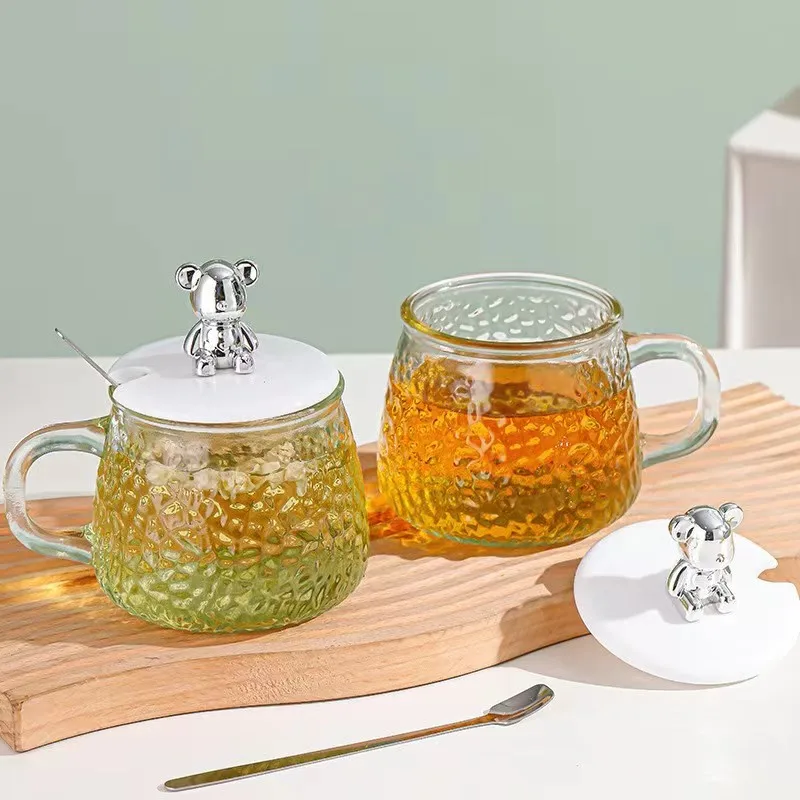 Bear Mark Glass Coffee Cup Glacier Bubble Tea Household Flower Tea Cup Heat-resistant Hammer Handle Cup