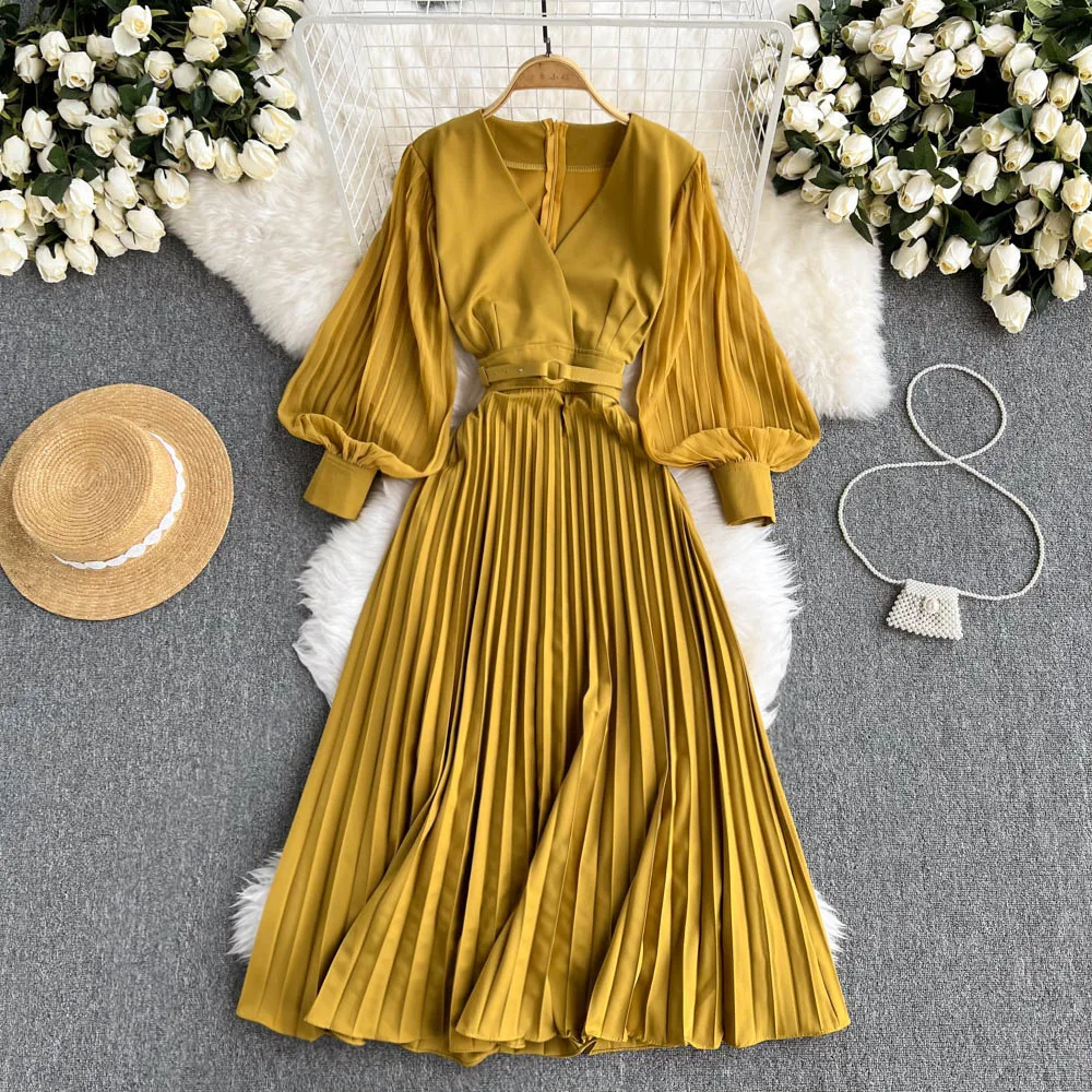 Spring Pure Color Lantern Sleeve V Neck Dresses With Belt Pleated Dress