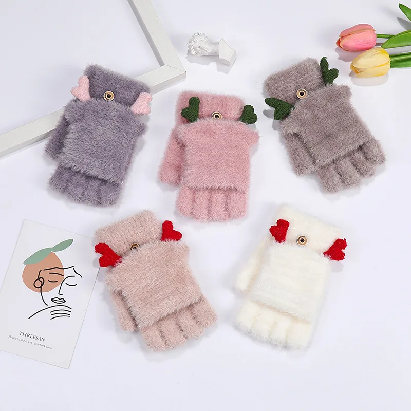 Women Half Finger Winter Imitation Mink Plush Gloves Touch Screen Writing Woolen Warm Mittens For Driving Outdoor Sports