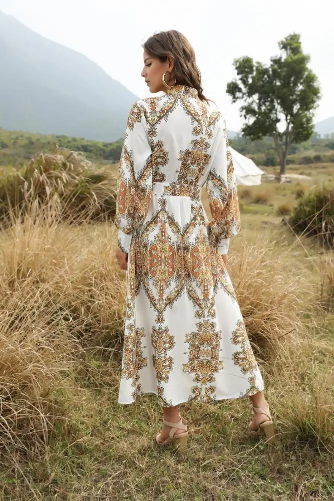 
New Bohemian Style Summer 2020 Court Printed Long Sleeve Shirt Dress Single-breasted Big Swing Long Maxi Dress Pakistan Fashion 