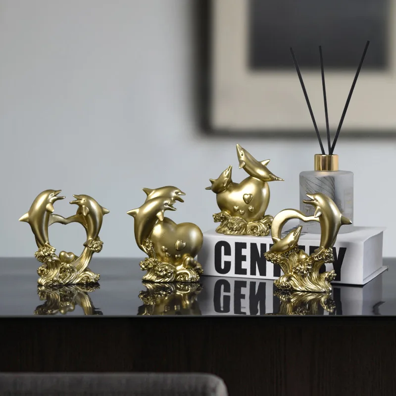 resin craft small dolphin sculpture for home office decorative artificial gold resin dolphin statue figurine art home decor item