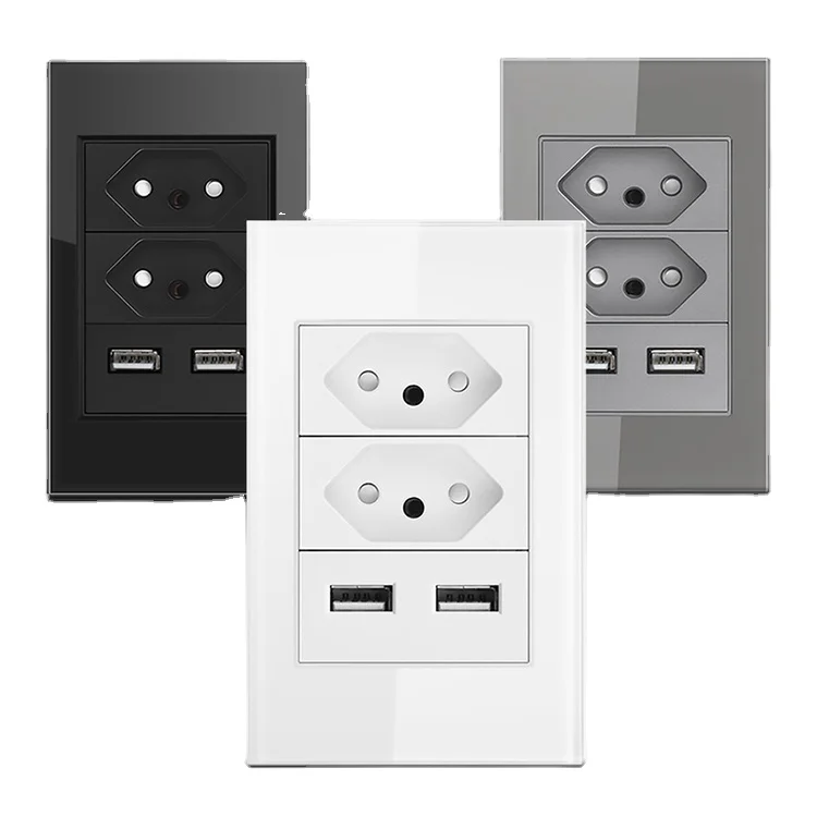 Brazilian standard glass USB wall socket, electrical socket panel, model 118 6 pin wall plug socket